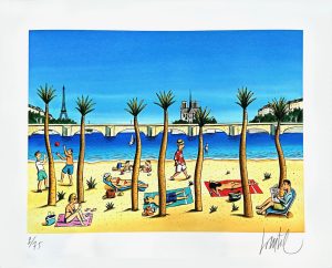LOUSTAL. Estampe pigmentaire "Paris la plage" numerotée, signée 75ex