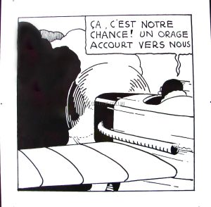 HERGÉ . Plaque Émaillée N/B "Ça c'est notre chance..."